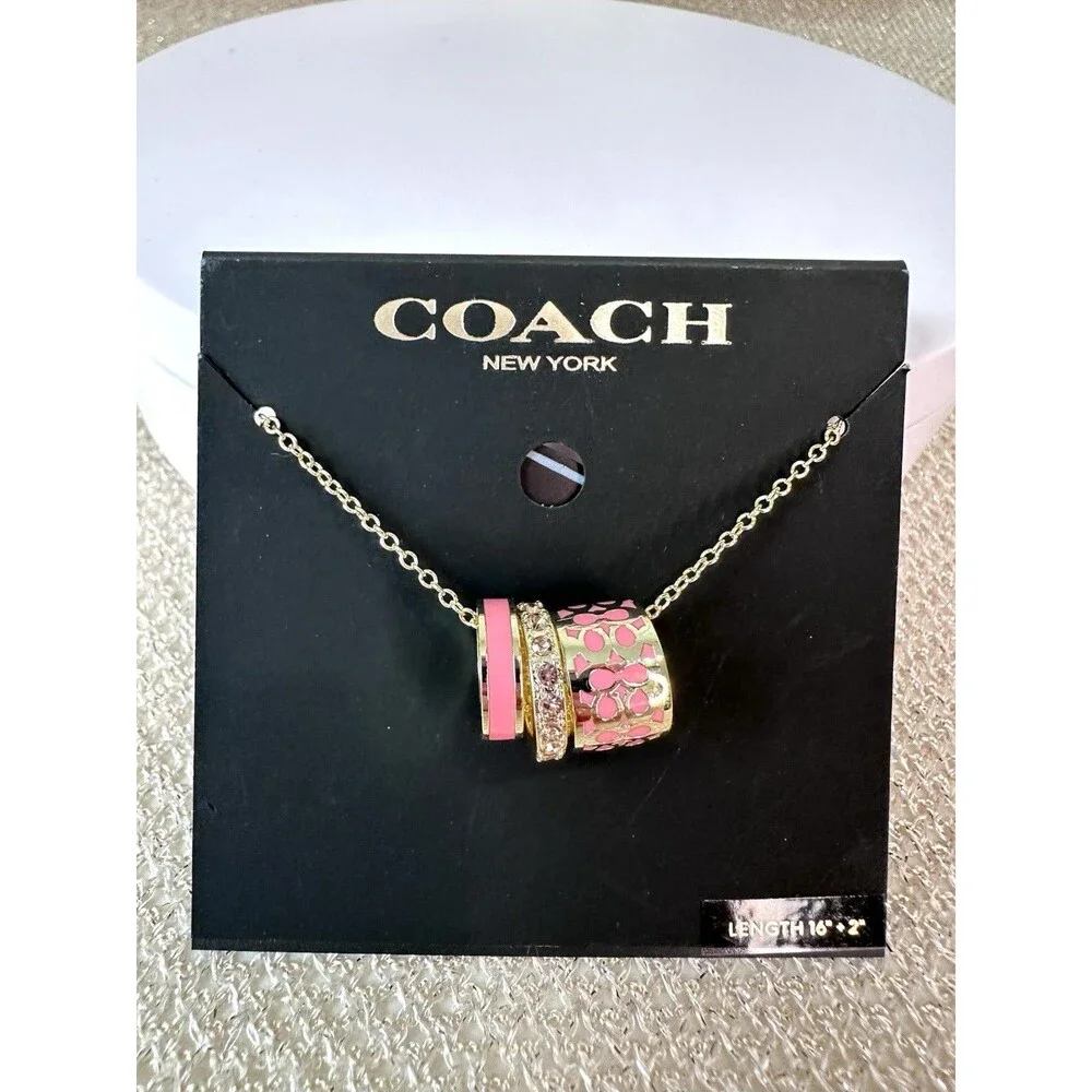 Coach Gold-Plated Signature Rondell 3 ring pink enamel Necklace 16 + 2”